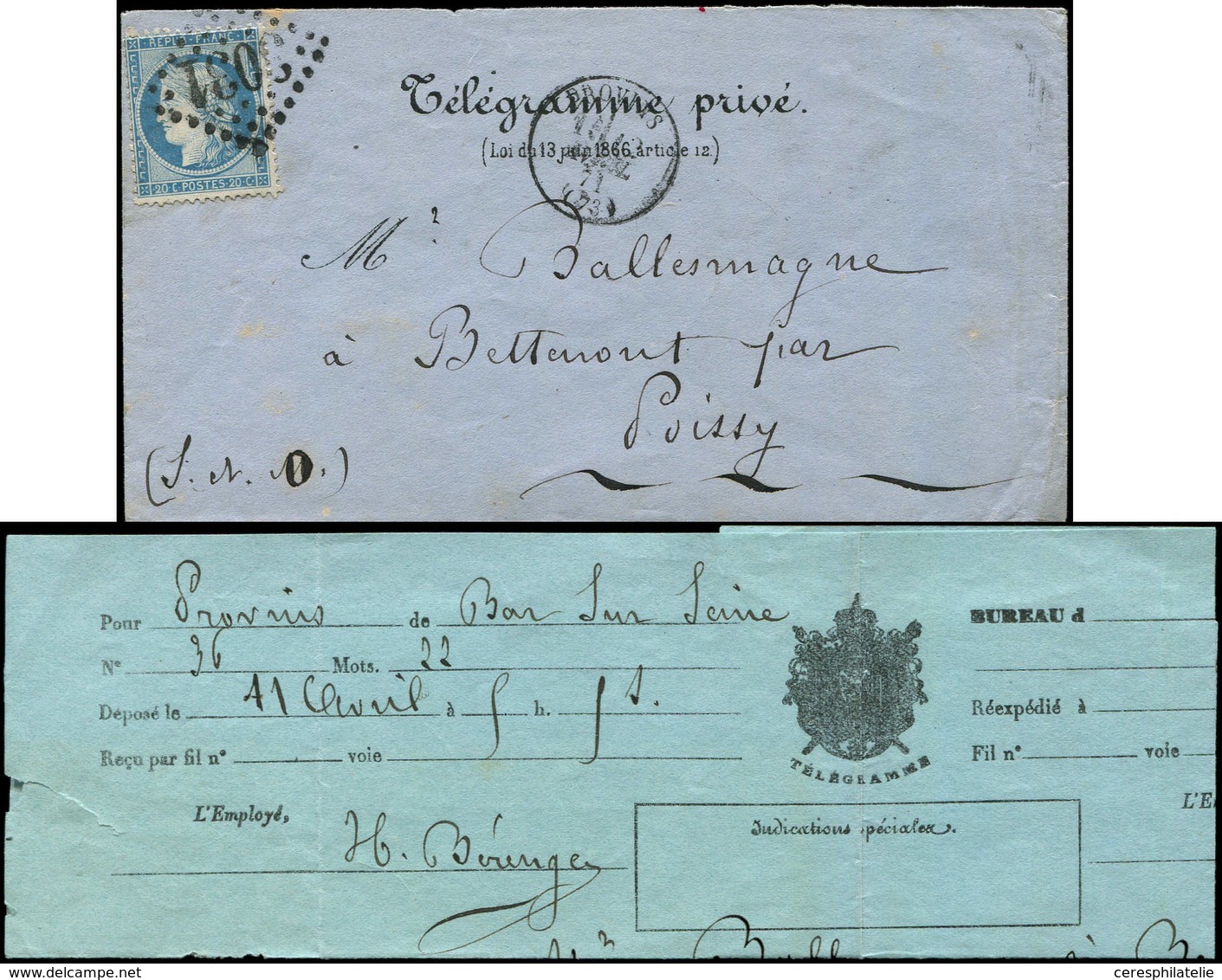 Let SIEGE DE PARIS - 37   20c. Bleu, Obl. GC 3031 S. Télégramme Privé De Bar S. Seine à Poissy, Voie Télégraphique Jusqu - 1870 Siège De Paris