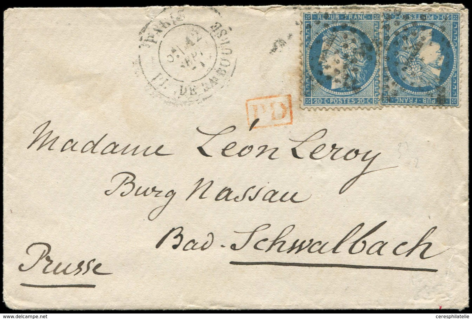 Let SIEGE DE PARIS - 37   20c. Bleu, 2 Ex. Obl. Etoile 1 S. Env., Càd Pl. De La Bourse 12/9/71 Pour BAD.SCHWALBACH PRUSS - 1870 Siège De Paris