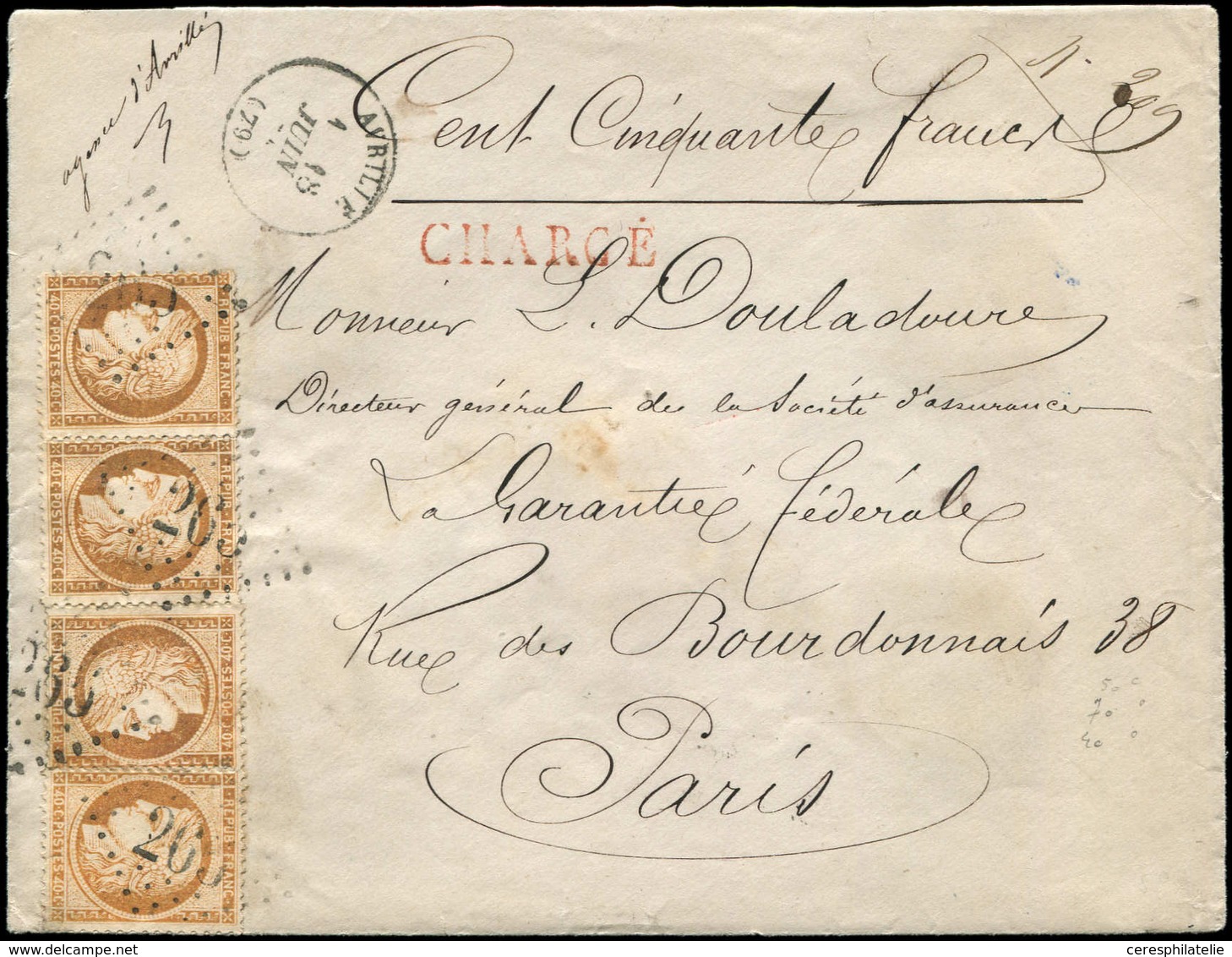 Let SIEGE DE PARIS - 38   40c. Orange (4) Obl. GC 265 S. Env. CHARGE, Càd T16 AVRILLE 18/6/74, TB - 1870 Siège De Paris