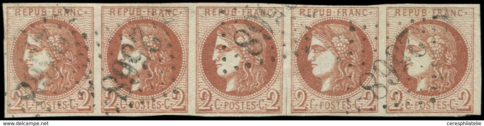 EMISSION DE BORDEAUX - 40B   2c. Brun-rouge, R II, BANDE De 5 Obl. GC 2568, Petit Coup De Ciseaux Dans La Marge Entre 3e - 1870 Ausgabe Bordeaux