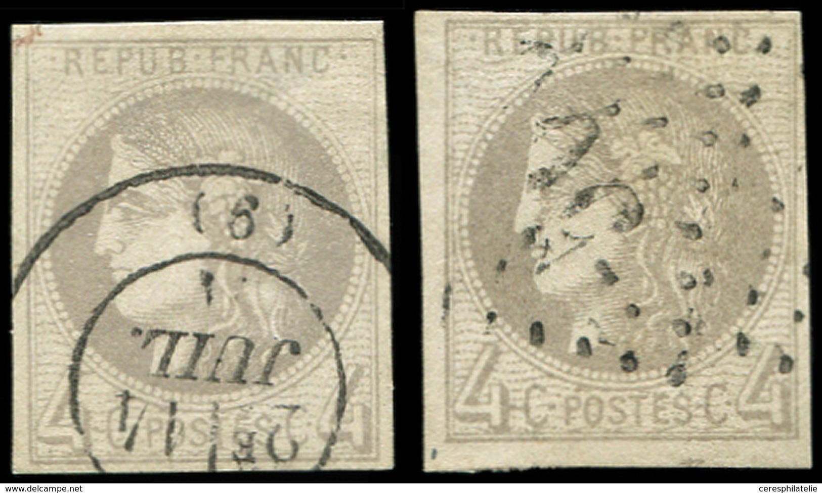 EMISSION DE BORDEAUX - 41B   4c. Gris, R II, 2 Ex. Obl. GC Et Càd T17, Défx, Aspect TTB - 1870 Ausgabe Bordeaux