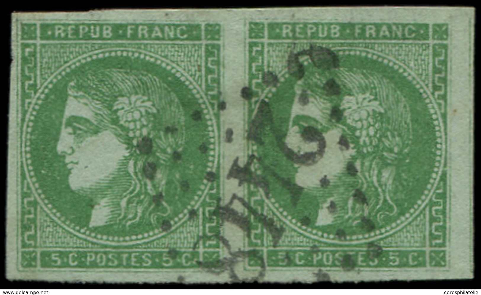 EMISSION DE BORDEAUX - 42B   5c. Vert-jaune Foncé, R II, 2ème état, PAIRE Obl. GC 2448, TB. Br - 1870 Ausgabe Bordeaux