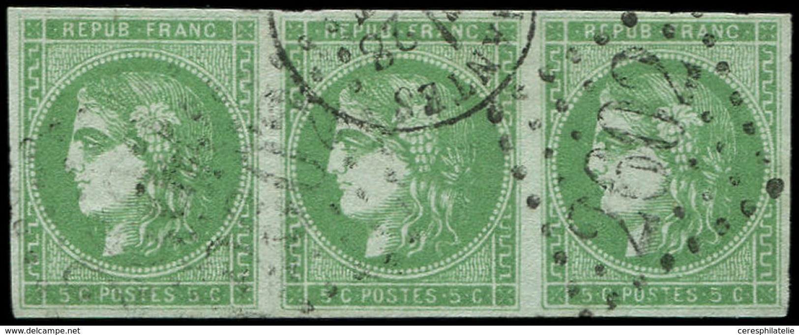 EMISSION DE BORDEAUX - 42Bi  5c. Vert-EMERAUDE Clair, BANDE De 3 Obl. GC 2602, TTB, Certif. JF Brun, Cote Maury - 1870 Emission De Bordeaux