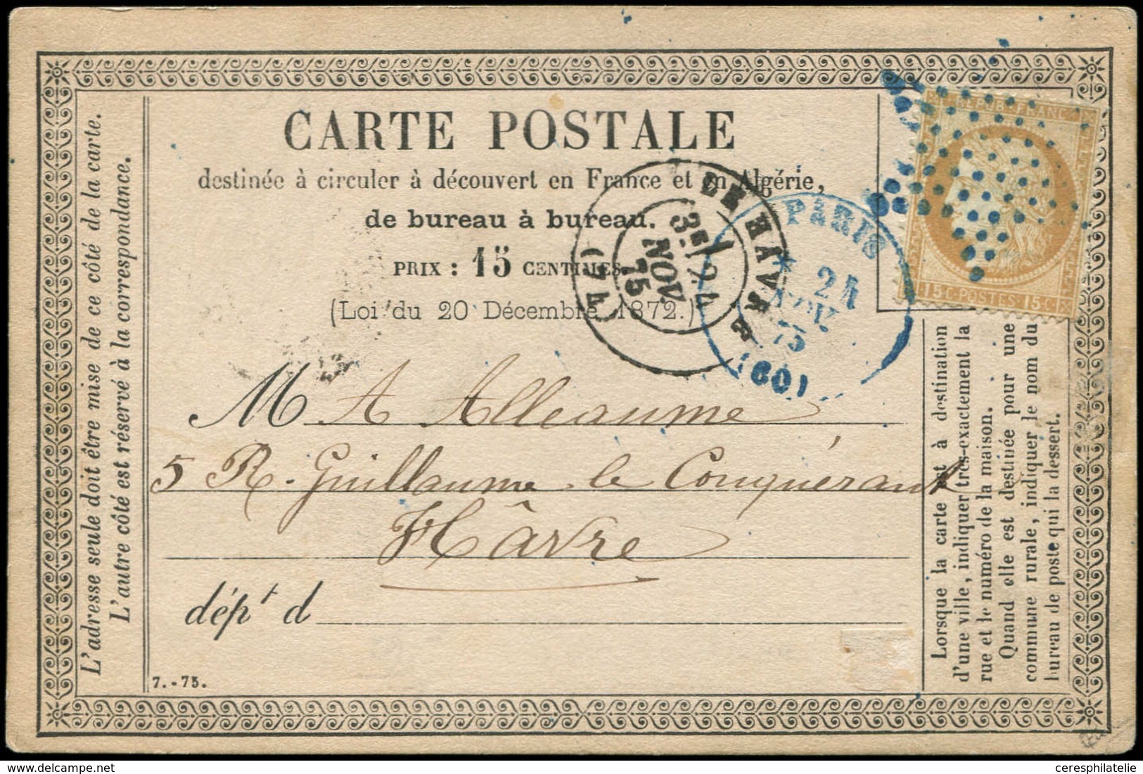 Let CERES DENTELE - 55   15c. Bistre Obl. ETOILE S. CP, Càd PARIS (60) 24/11/75, Le Tout En BLEU, R Et TB - 1871-1875 Cérès