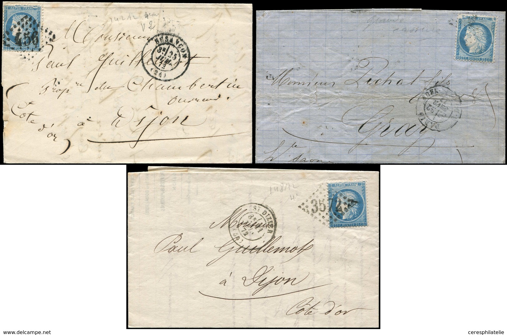 Let CERES DENTELE - 60A  25c. Bleu, T I, GRANDE CASSURE, 3 Ex. Différents Obl. S. 3 Lettres, TTB - 1871-1875 Cérès