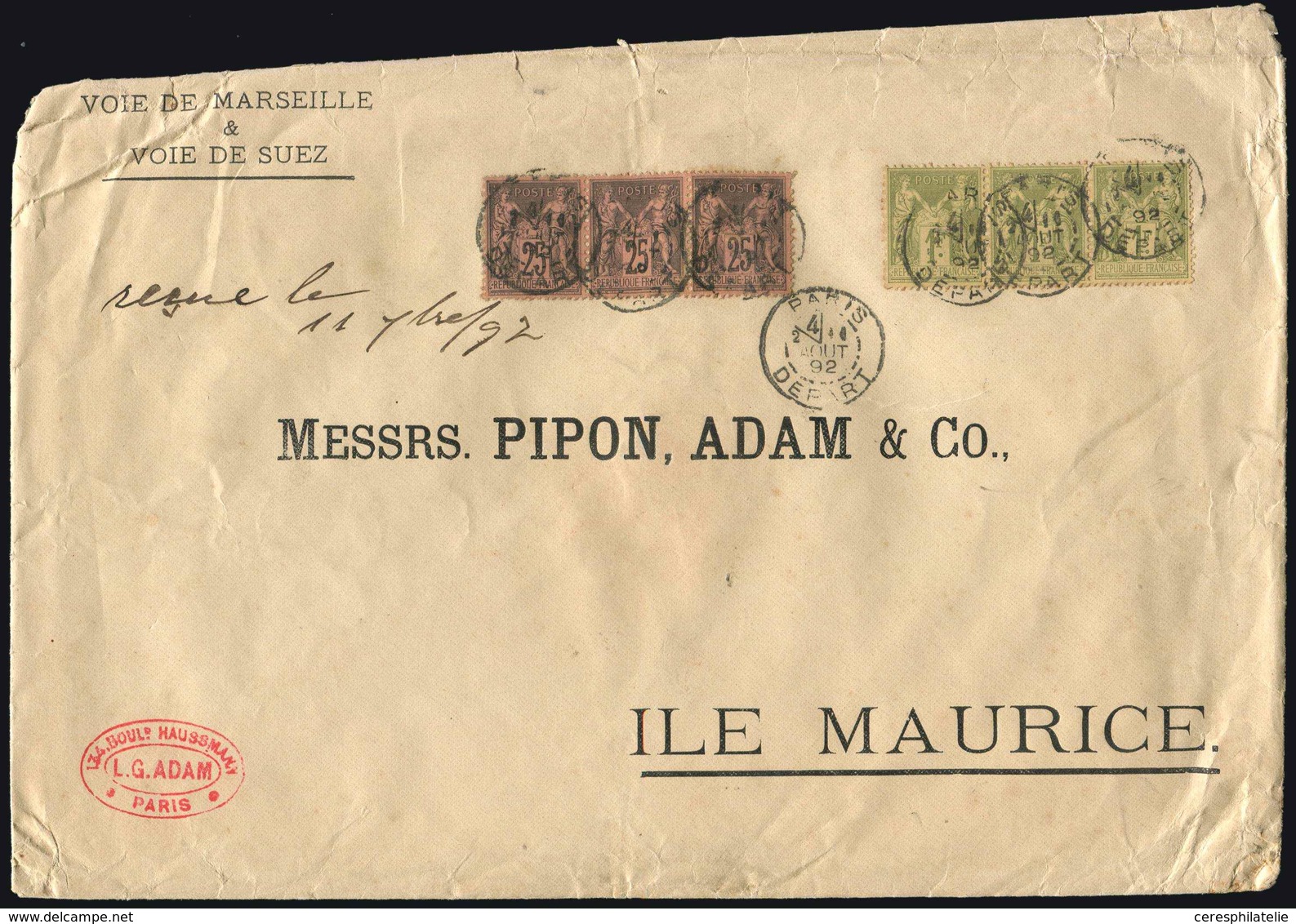 Let TYPE SAGE SUR LETTRES - N°82 BANDE De 3 Et N°97 BANDE De 3 Obl. PARIS DEPART 11/8/92 S. Env., Arr. MAURITIUS 11/9, T - 1877-1920: Période Semi Moderne