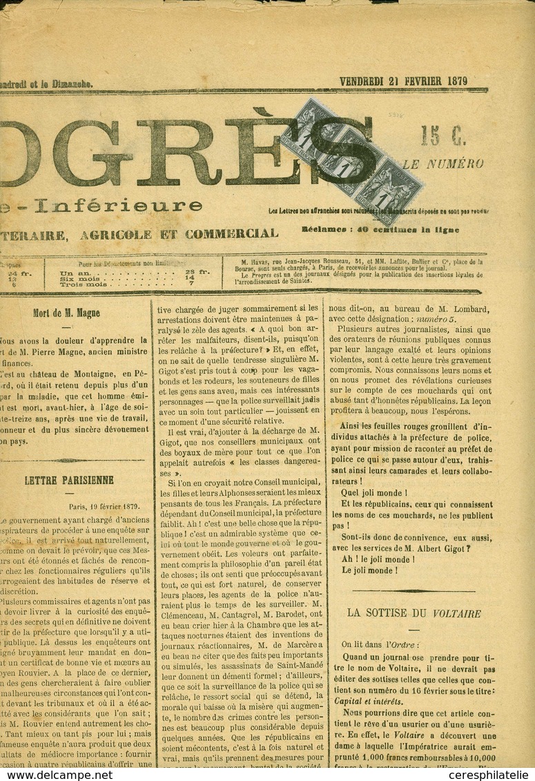 Let TYPE SAGE SUR LETTRES - N°83 1c. Noir S. Azuré, BANDE De 3 Obl. TYPO Sur Journal "LE PROGRES De Charente Inférieure" - 1877-1920: Période Semi Moderne