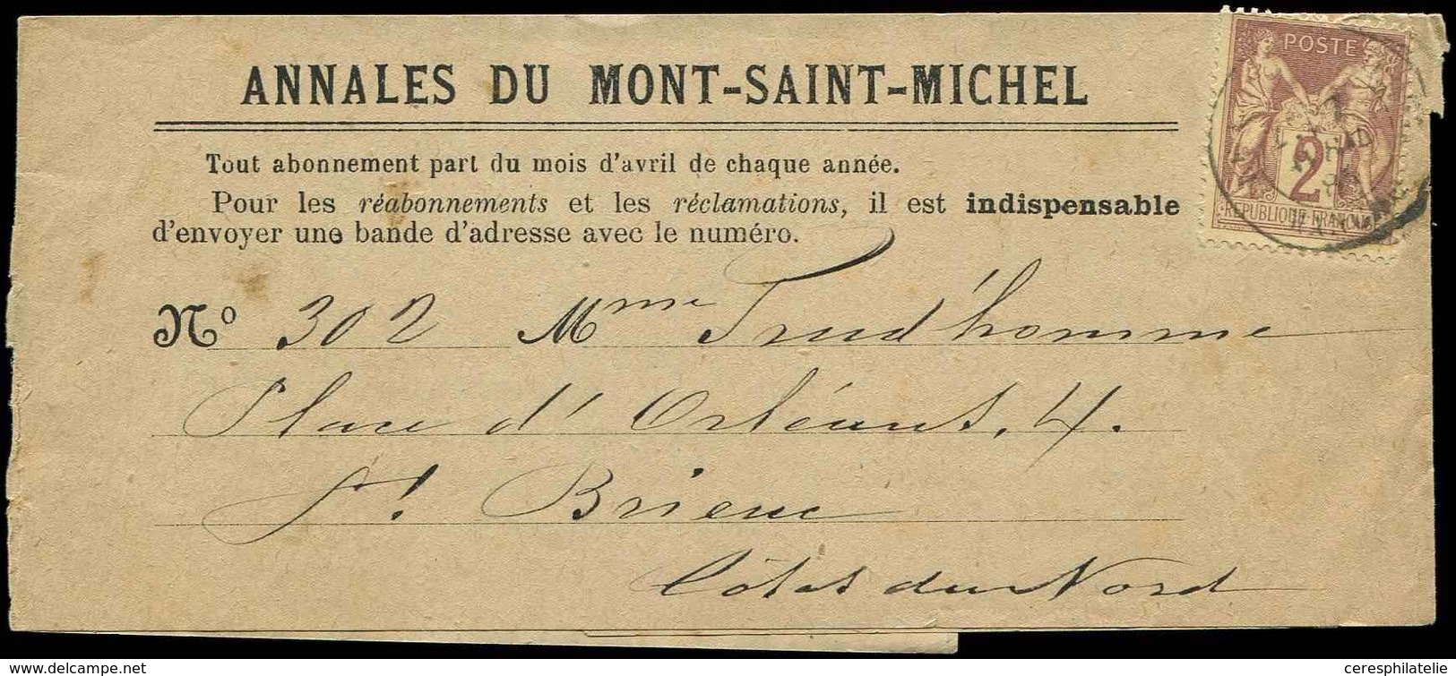 Let TYPE SAGE SUR LETTRES - N°85 Obl. MONT St MICHEL 1885 S. Bande Complète ANNALES Du MONT SAINT MICHEL, R, TB - 1877-1920: Période Semi Moderne