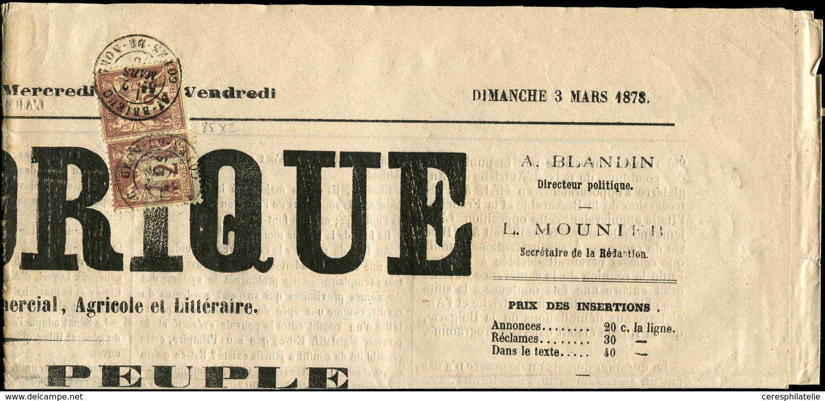 Let TYPE SAGE SUR LETTRES - N°85 (2) Obl. Càd T18 ST BRIEUC 2/3/78 S. Journal Entier L'ARMORIQUE, Rayon Général, Superbe - 1877-1920: Période Semi Moderne