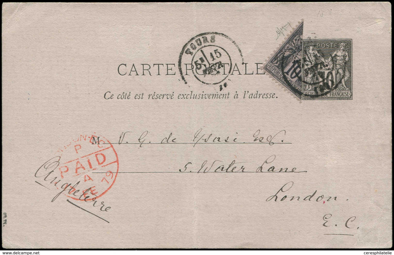 Let TYPE SAGE SUR LETTRES - N°89 10c. Noir S. Lilas, COUPE En Diagonale Pour Faire 5c., Obl. Càd T17 TOURS 15/2/79 S. CP - 1877-1920: Période Semi Moderne