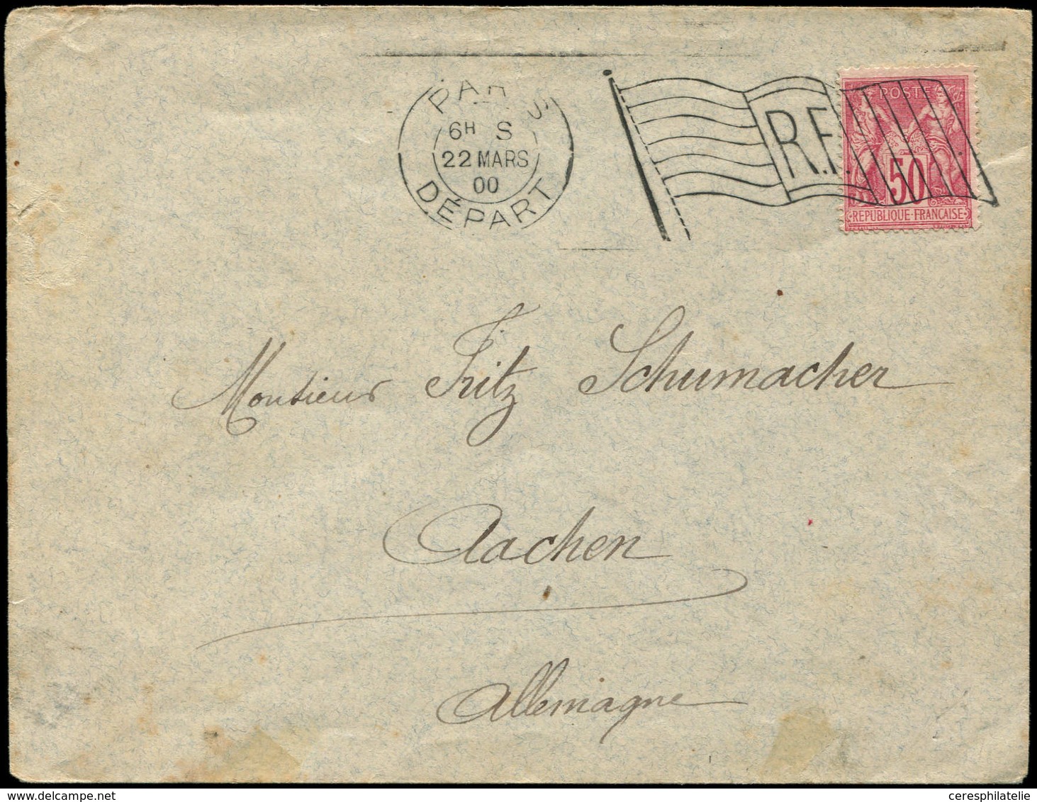 Let TYPE SAGE SUR LETTRES - N°98 Obl. Cachet Drapeau PARIS DEPART 22/3/00 S. Env. Pour AACHEN, TB - 1877-1920: Période Semi Moderne