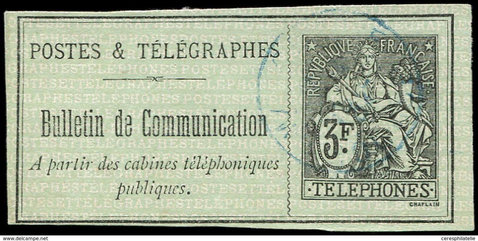 TELEPHONE - Téléphone 20a : 3f. Noir Sur Vert, NON DENTELE, Obl., TB - Télégraphes Et Téléphones