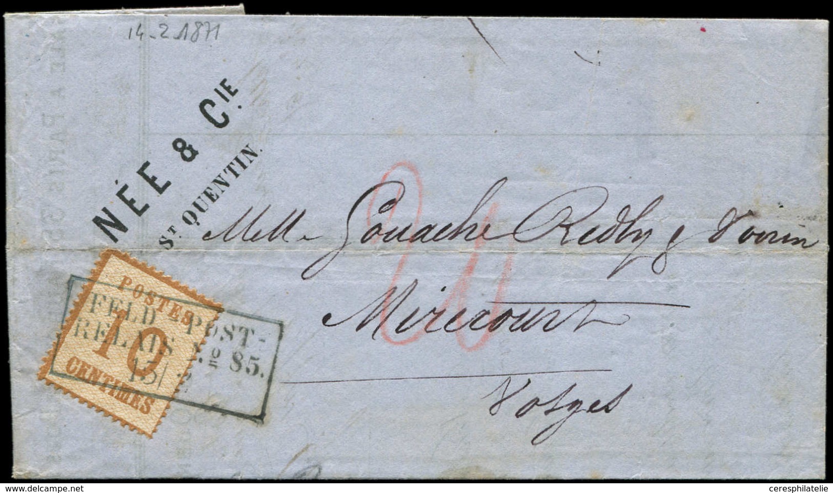 Let ALSACE-LORRAINE - 5   10c. Bistre-brun, Obl. Cachet FELD-POST/RELAIS N°85 15/2 Sur LAC De St Quentin, Taxe 20 Au Cra - Sonstige & Ohne Zuordnung