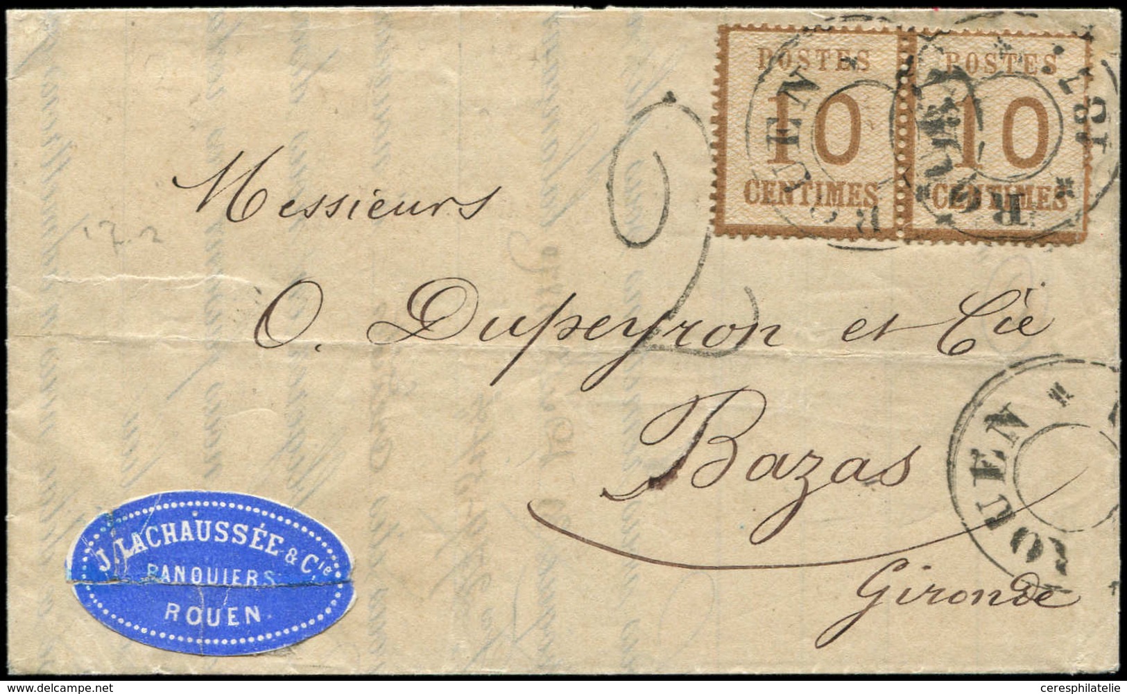 Let ALSACE-LORRAINE - 5b  10c. Bistre-brun, Burelage RENVERSE, PAIRE, Un Ex. Défx, Obl. Cachet ROUEN/1871 Sur LAC Du 20/ - Sonstige & Ohne Zuordnung