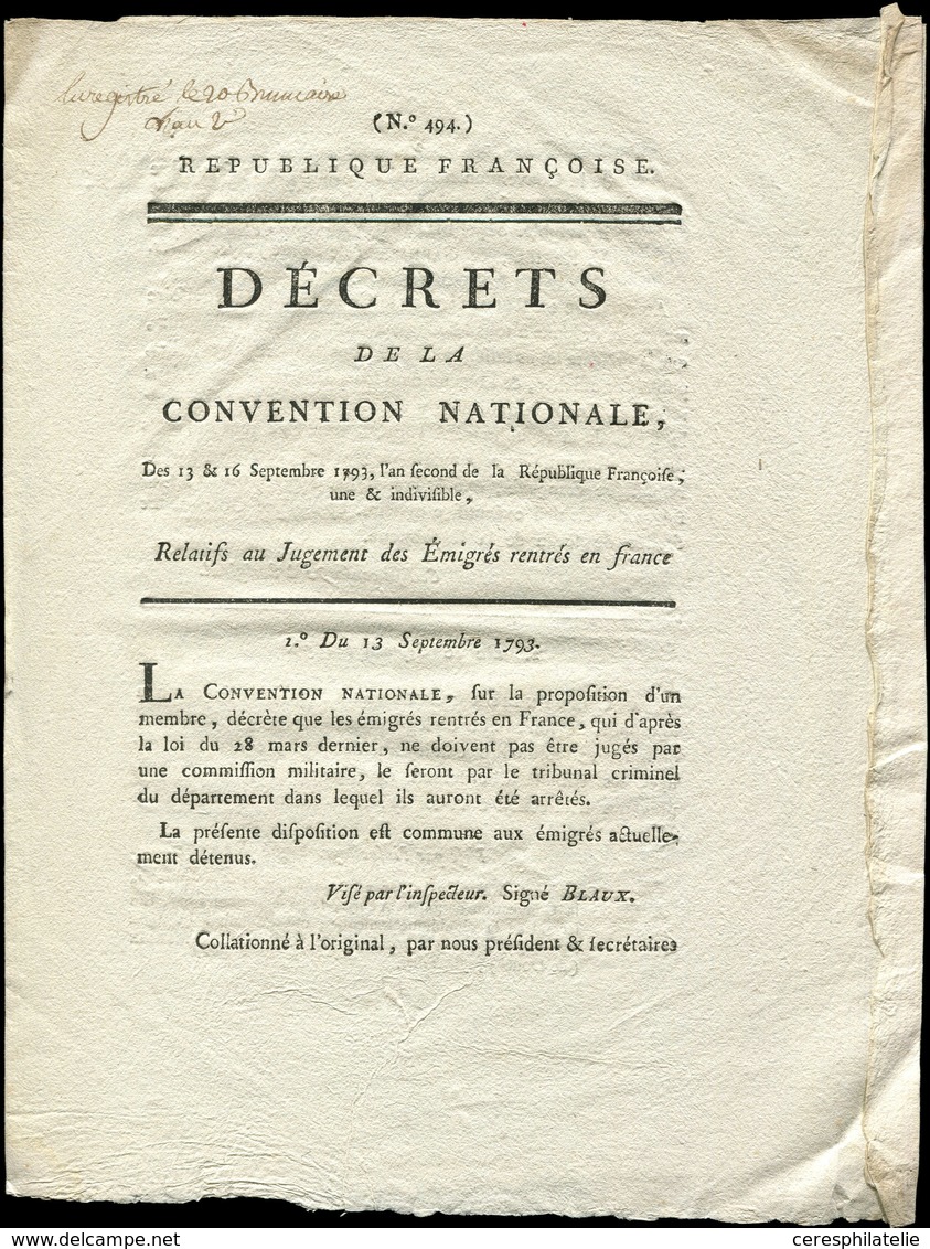 Let LETTRES SANS TIMBRE ET DOCUMENTS DIVERS - Décrets De La Convention De 1793 Relatif Au Jugement Des émigrés Rentrés E - Autres & Non Classés