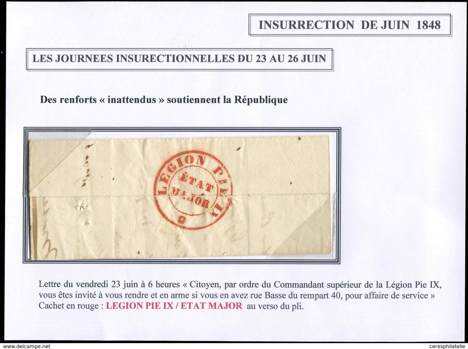 Let LETTRES SANS TIMBRE ET DOCUMENTS DIVERS - Cachet Rouge LEGION PIE IX/ETAT MAJOR Au Verso D'une LAC Du 23/6/48, TB - Sonstige & Ohne Zuordnung