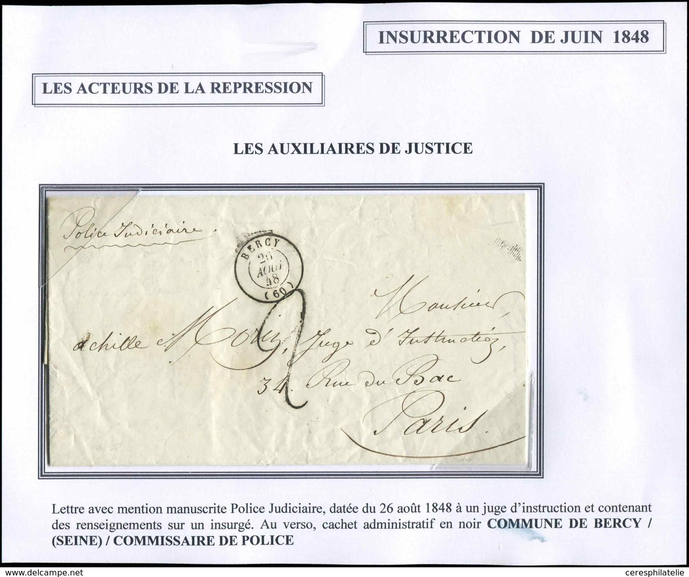 Let LETTRES SANS TIMBRE ET DOCUMENTS DIVERS - Càd T15 BERCY 26/8/48 Sur LAC Pour Un Juge D'instruction, Mention "Police  - Autres & Non Classés