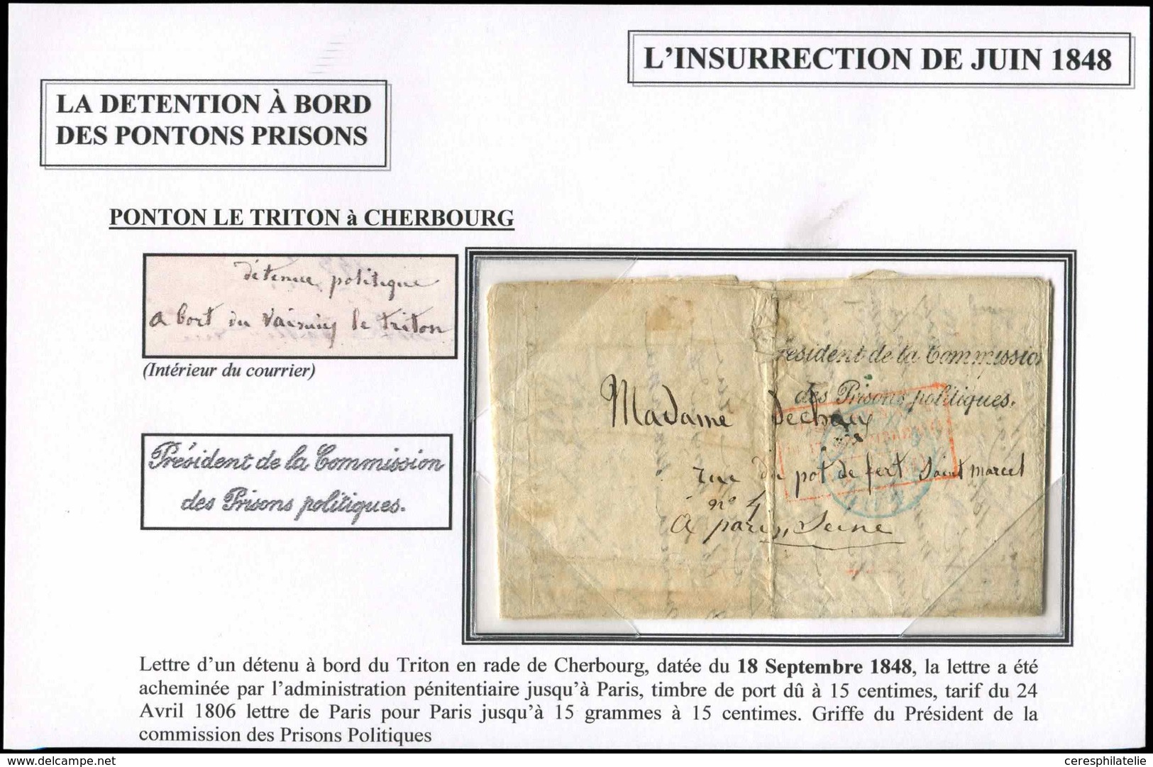 Let LETTRES SANS TIMBRE ET DOCUMENTS DIVERS - Cachet Bleu De Port Dû Sur LAC D'un Détenu à Bord Du Triton En Rade De Che - Sonstige & Ohne Zuordnung