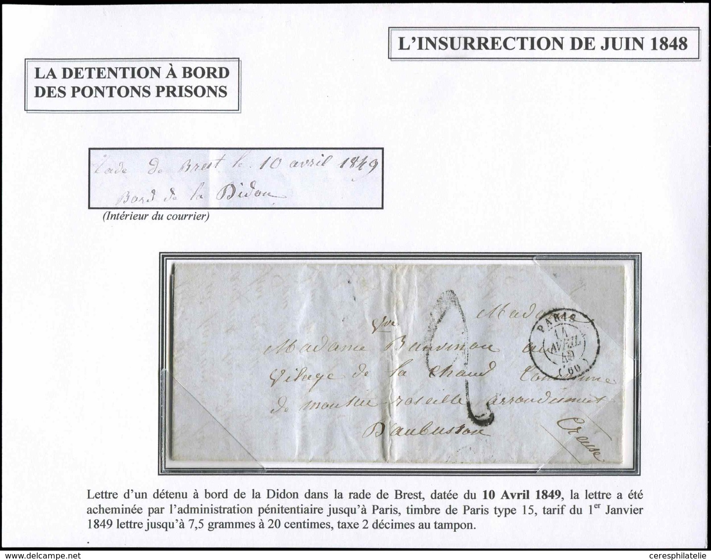 Let LETTRES SANS TIMBRE ET DOCUMENTS DIVERS - Càd T15 PARIS 14/4/49 Sur LAC D'un Détenu à Bord De La Didon Dans La Rade  - Autres & Non Classés