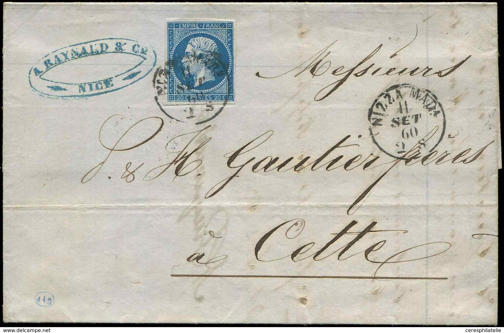 Let COMTE DE NICE Et DUCHE DE SAVOIE - Oblitérations Sur Timbres Français N°14A Obl. Càd SARDE NIZZA MARa 11/9/60 Répété - 1849-1876: Période Classique