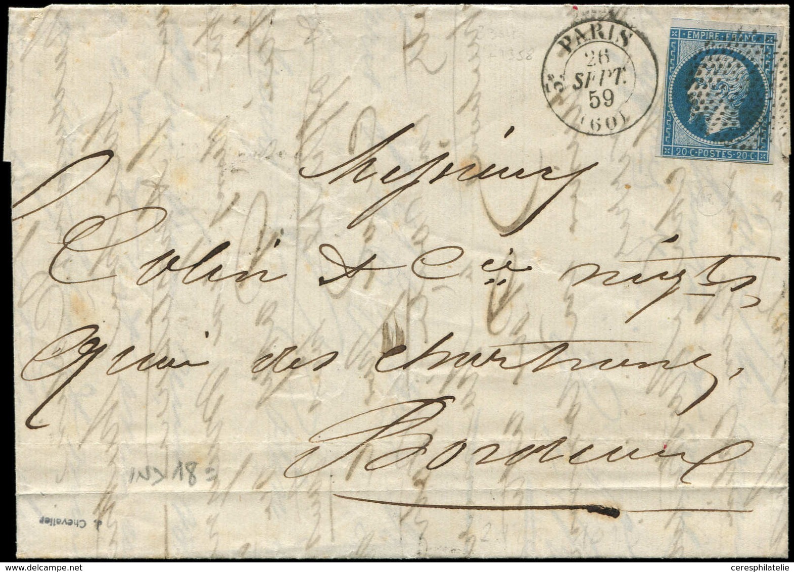 Let LETTRES DE PARIS - N°14A Obl. ROND De POINTS 3304 S. LAC, Càd T1358 26/9/59, Ind. 18, TTB - 1849-1876: Période Classique