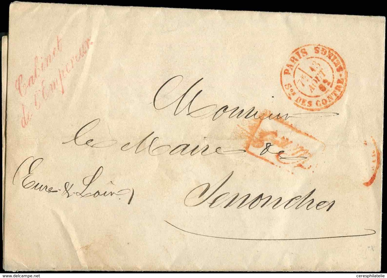 Let LETTRES DE PARIS - Càd Rouge PARIS/Son DES CONTRE-SEINGS 13/8/62 S. LAC, Franchise Rouge "Cabinet/de L'Empereur", Ca - 1849-1876: Période Classique