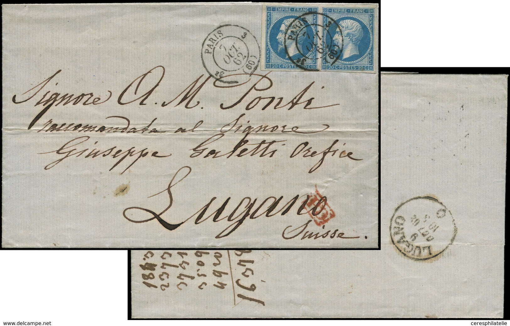 Let LETTRES DE PARIS - N°14B PAIRE Obl. Càd 3e PARIS 3 7/10/62 Répété à Côté S. LAC, Arr. LUGANO 9/10, TTB - 1849-1876: Période Classique