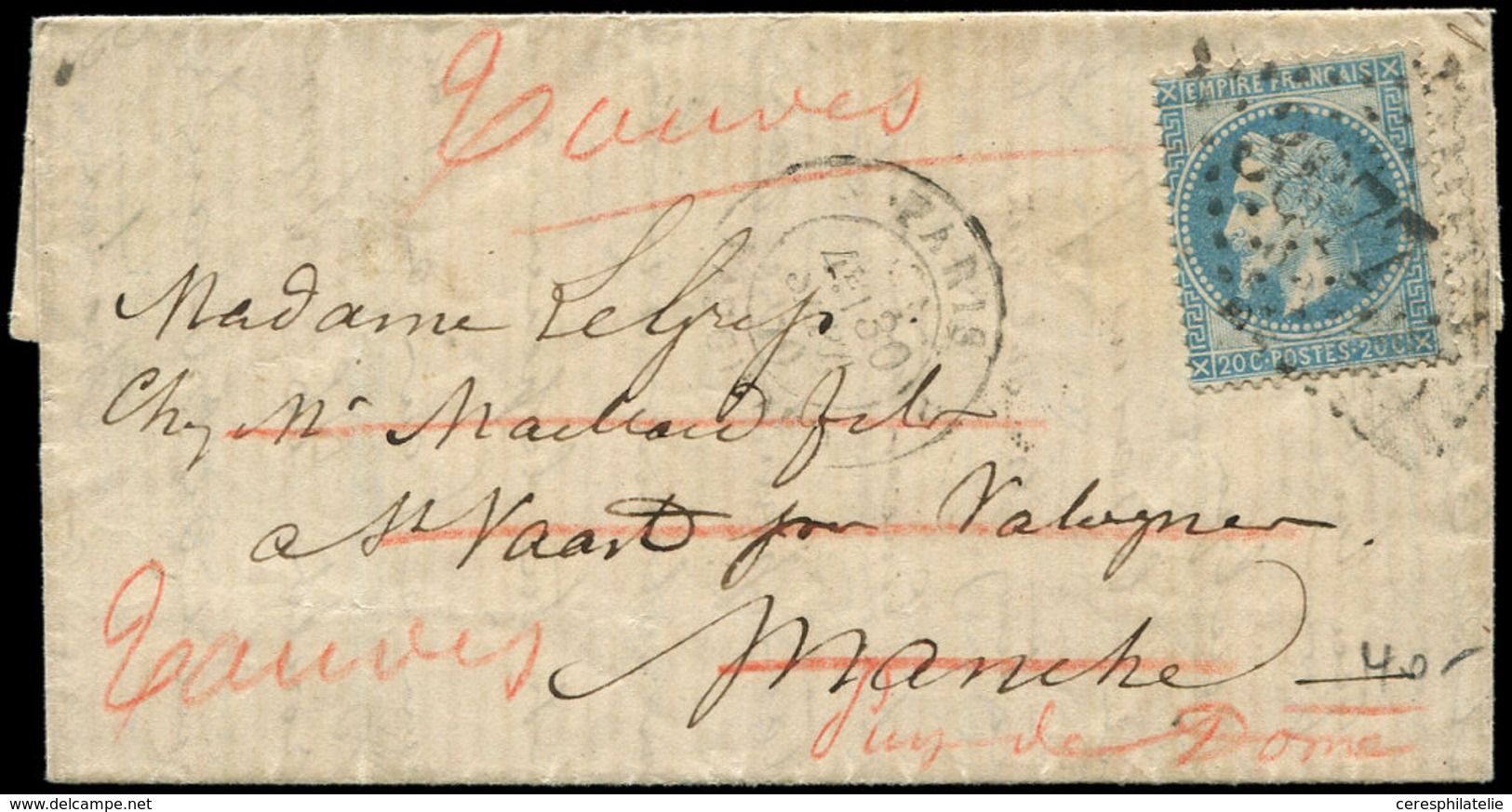 Let BALLONS MONTES - N°29B Obl. GC 3877 S. LAC, Càd PARIS 30/9/70, Lettre Réexp. De St Vaast Le 16/10 Pour Le Puy De Dôm - Guerre De 1870