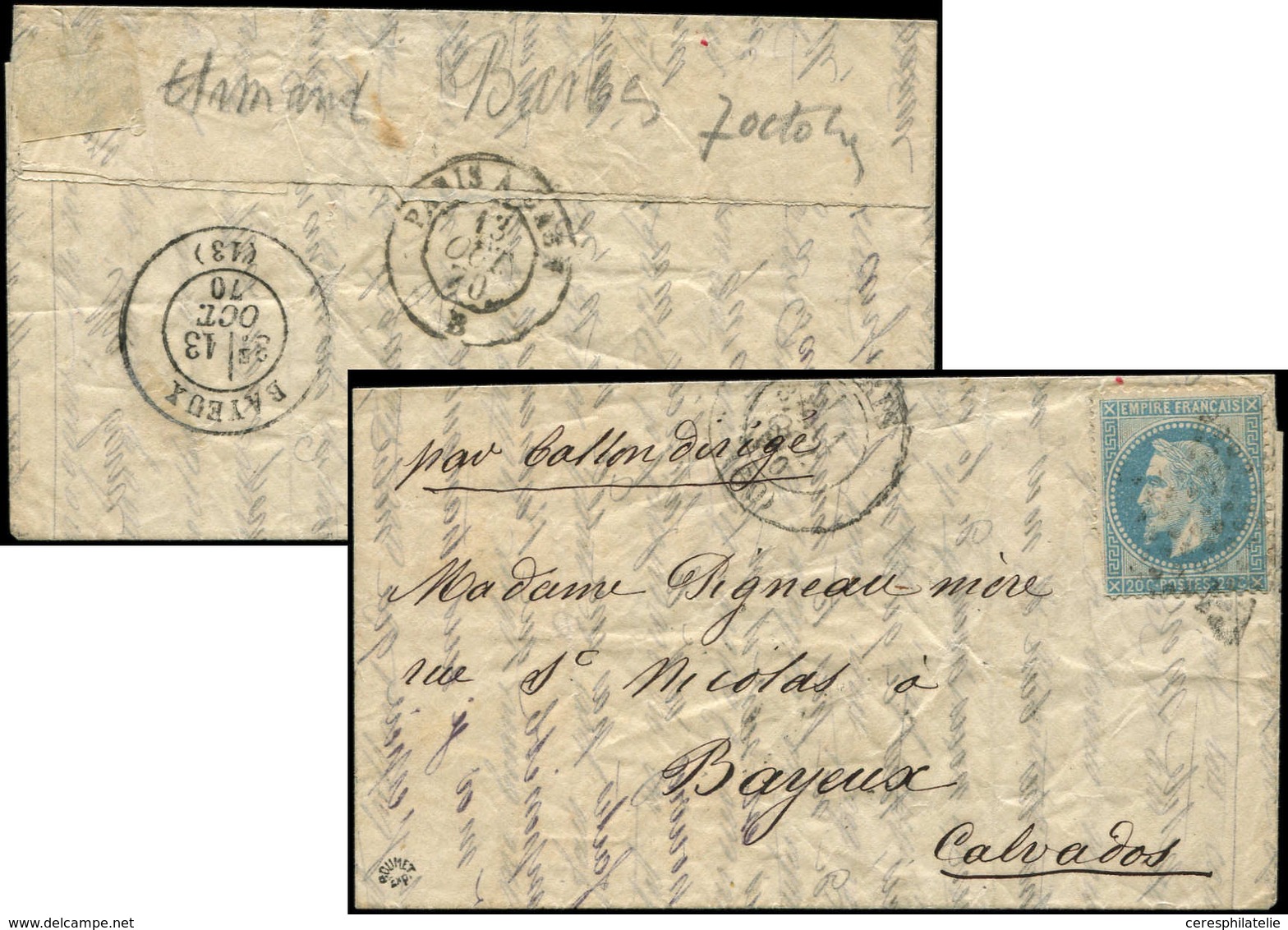 Let BALLONS MONTES - N°29B Obl. Etoile Pleine S. LAC, Càd PARIS (60) 1/10/70, Arr. BAYEUX 13/10, TB. L'ARMAND BARBES - Guerre De 1870