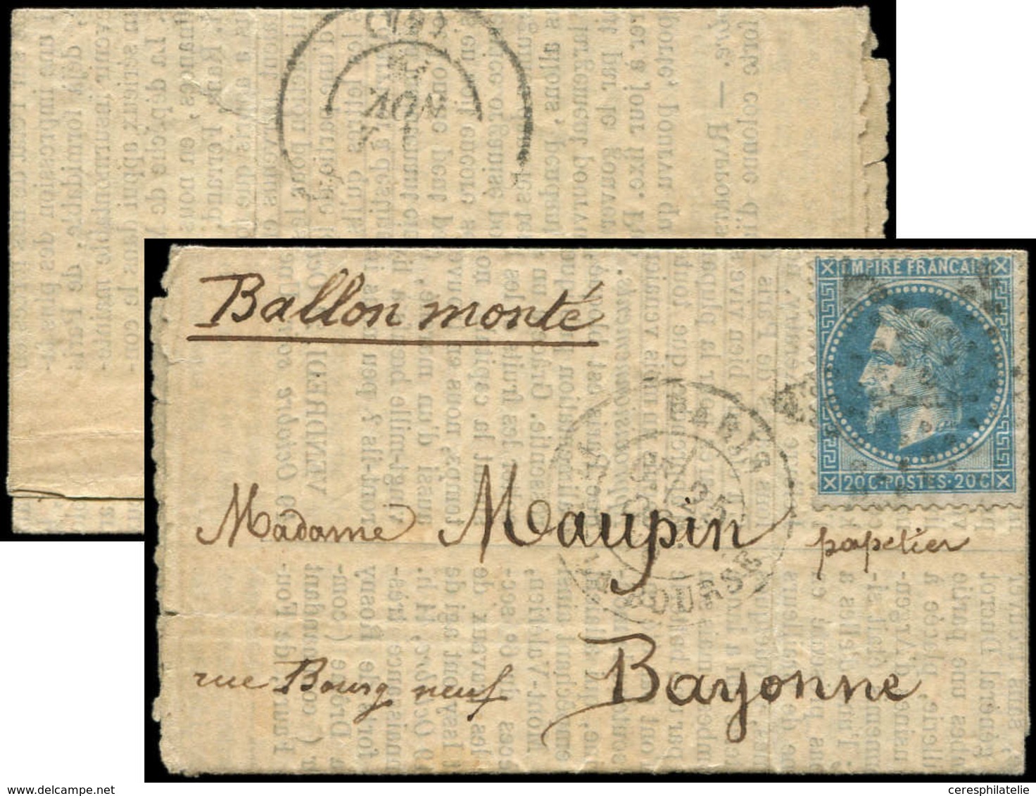 Let BALLONS MONTES - N°29B Obl. Etoile 1 S. GAZETTE N°1, Càd Pl. De La Bourse 25/10/70, Arr. BAYONNE 2/11, TB. LE VAUBAN - Guerre De 1870
