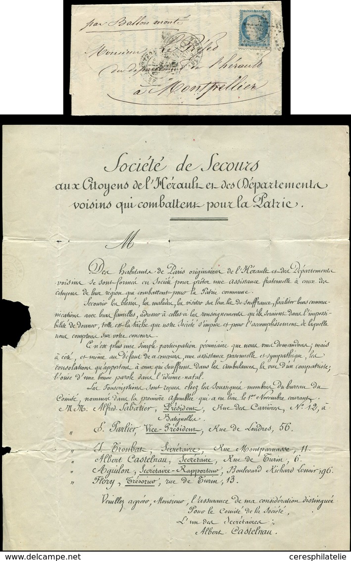 Let BALLONS MONTES - N°37 Obl. Etoile 18 S. Circulaire De La "SOCIETE De SECOURS Aux Citoyens De L'Hérault Et Des Départ - Guerre De 1870