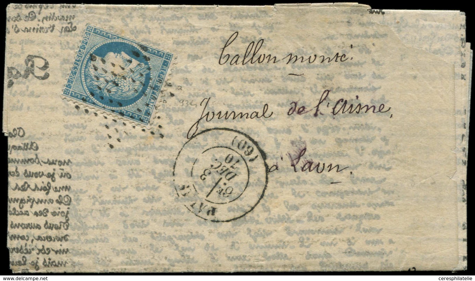 Let BALLONS MONTES - N°37 Obl. Etoile Muette S. AGENCE HAVAS, Càd 3/12/70, Pour LAON, TB. LE FRANKLIN - Guerre De 1870