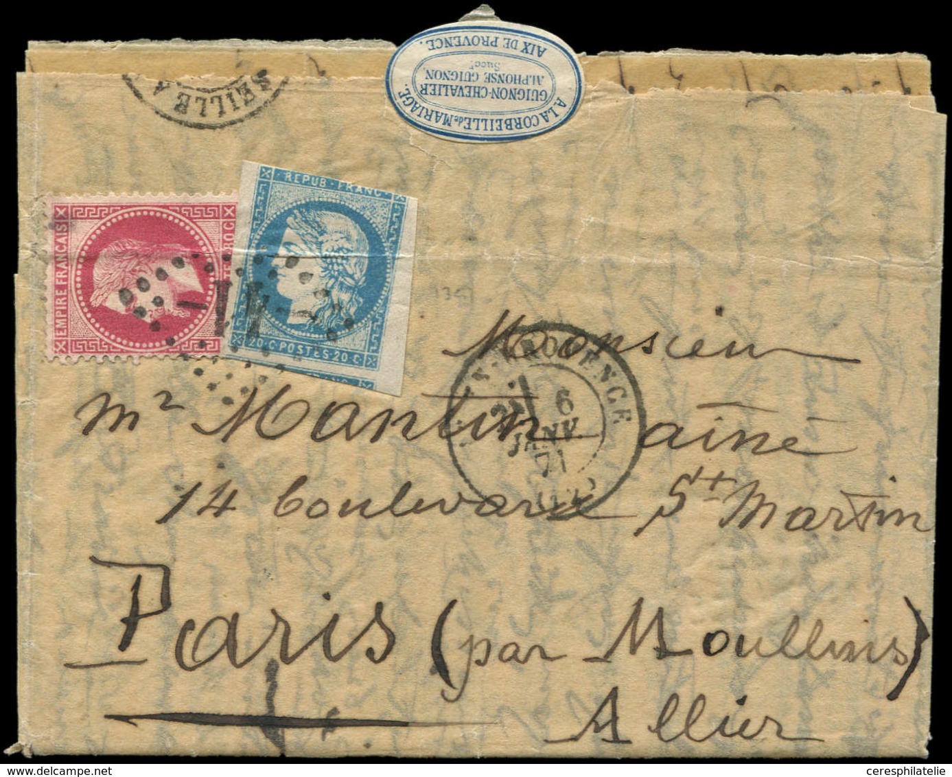 Let Boules De Moulins -  N°32 Et 44 Déf. Obl. GC 41 S. LAC, Càd T17 AIX En PROVENCE 6/1/71, Pour PARIS Par Moulins, Très - Guerre De 1870