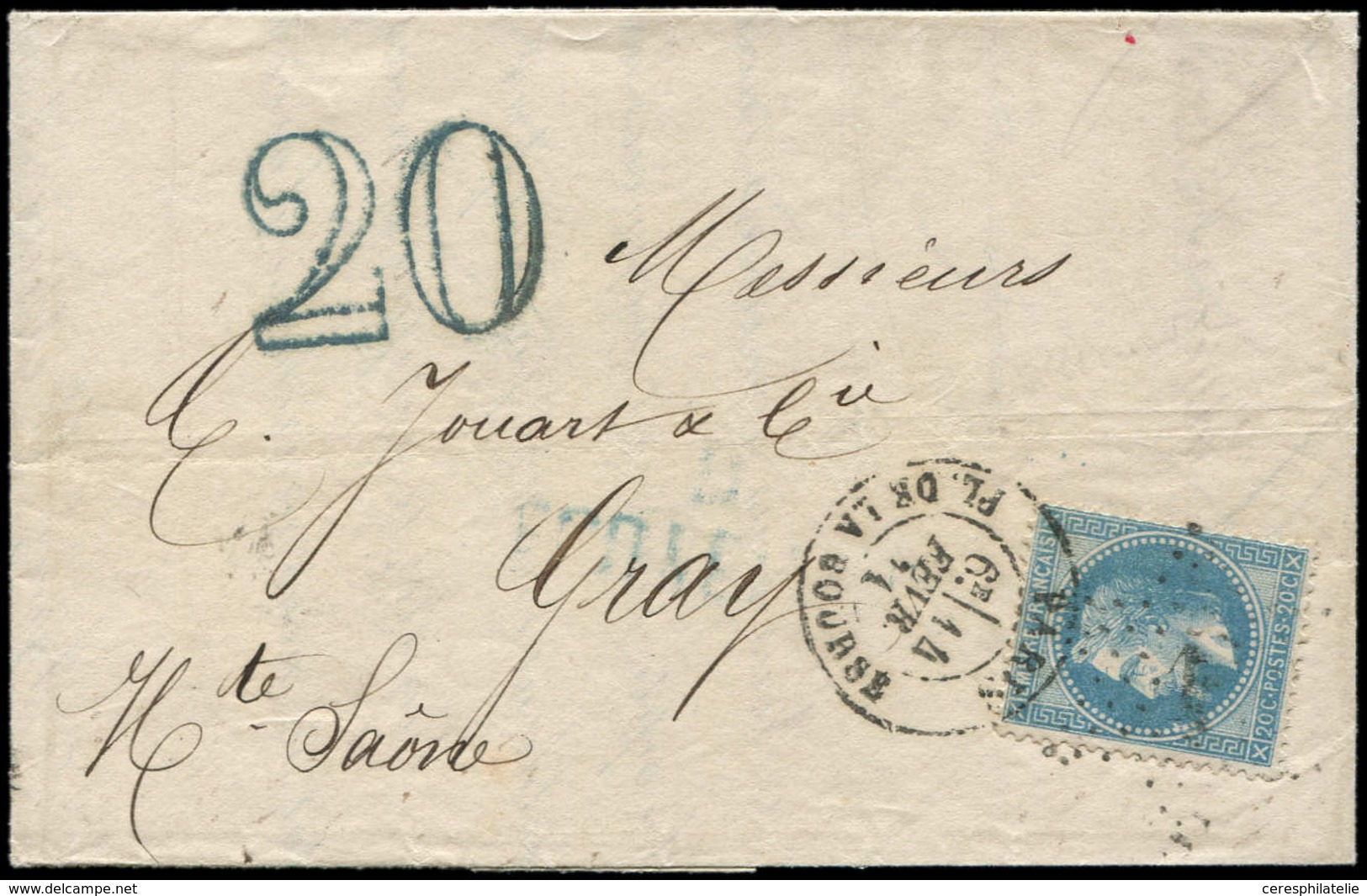 Let Guerre De 1870 -  N°29B Obl. Etoile 1 S. LAC, Càd PARIS 14/2/71, Taxe Bleue Double Trait 20 Pour La Haute-Saône, TB - Guerre De 1870