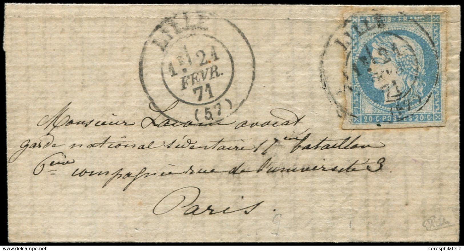 Let Guerre De 1870 -  N°44Aa 20c. Bleu Clair T I R I Inf. Froiss., Obl. Càd T17 LILLE 21/2/71 S. LAC De DAX Du 3/11/70,  - Guerre De 1870