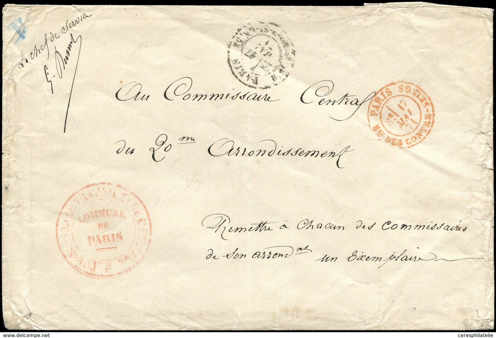 Let Commune De Paris -  Cachet Rouge RR (N°6920) COMMISSION Du TRAVAIL Et De L'ECHANGE S. Env. Avec Càd R. St Domque St  - Guerre De 1870