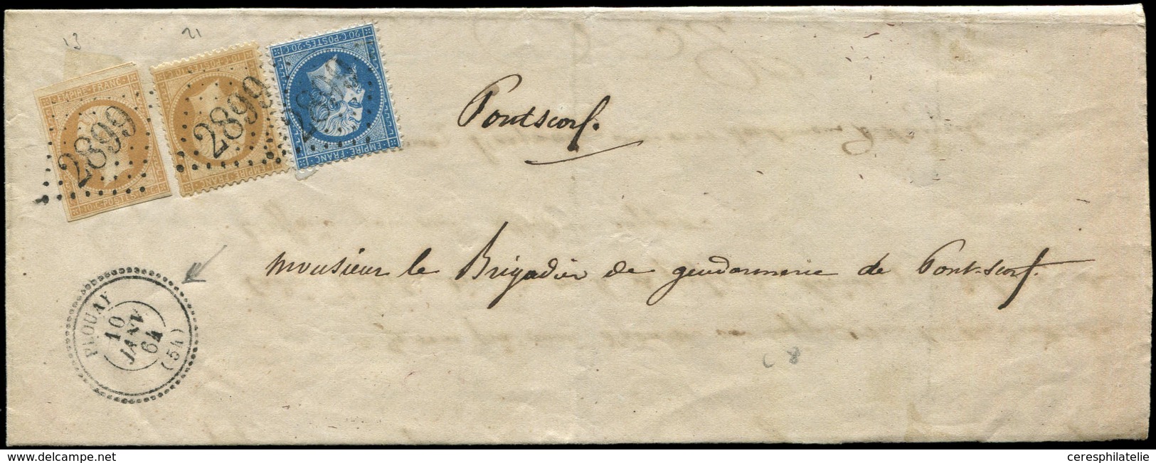 Let AFFRANCHISSEMENTS ET COMBINAISONS - N°13B, 21 Et 22 Obl. GC 2899 S. LAC, Càd T22 PLOUAY 10/1/64, Combinaison TRICOLO - 1849-1876: Période Classique