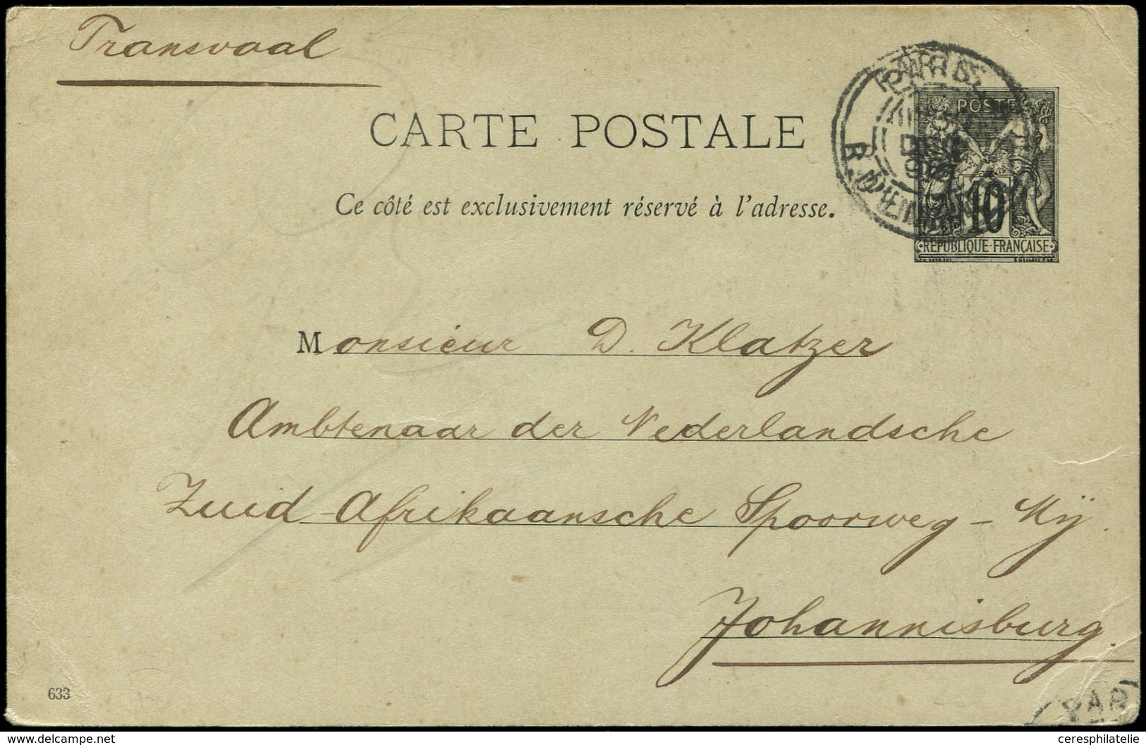 Let DESTINATIONS - CP Entier 10c. Sage Obl. Càd R. D'Enghien 12/96 Pour JOHANNESBURG, TB - 1877-1920: Période Semi Moderne