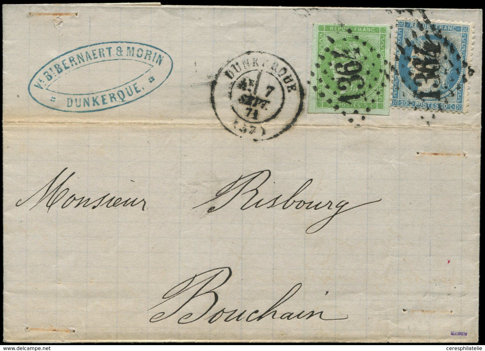 Let AFFRANCHISSEMENTS DE SEPTEMBRE 1871 - N°37 Et 42B, Obl. GC 1364 S. LAC, Càd T17 DUNKERQUE 7/9/71, TB - 1849-1876: Période Classique