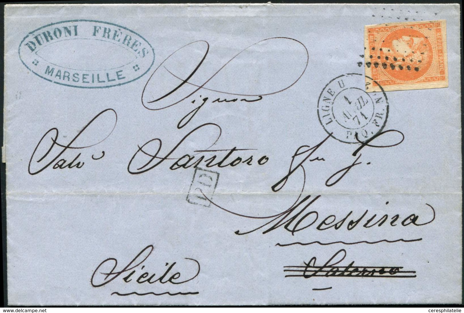 Let POSTE MARITIME - N°48 Obl. ANCRE S. LAC De Marseille, Càd LIGNE U PAQ. FR N°2 1/4/71, Arr. MESSINA, TTB - Schiffspost