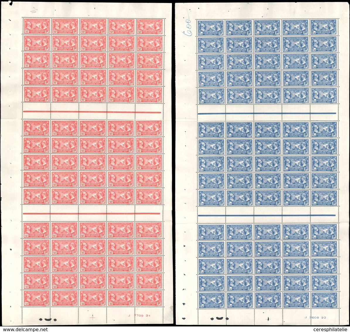 ** TIMBRES EN FEUILLES - 244/45 Légion Américaine, FEUILLES De 75, TB - Feuilles Complètes