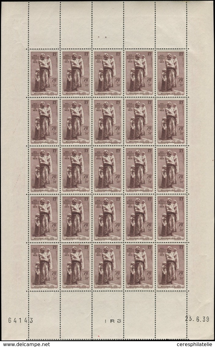 ** TIMBRES EN FEUILLES - 447   Marins Perdus, FEUILLE De 25 CD 23/6/39, TB - Feuilles Complètes