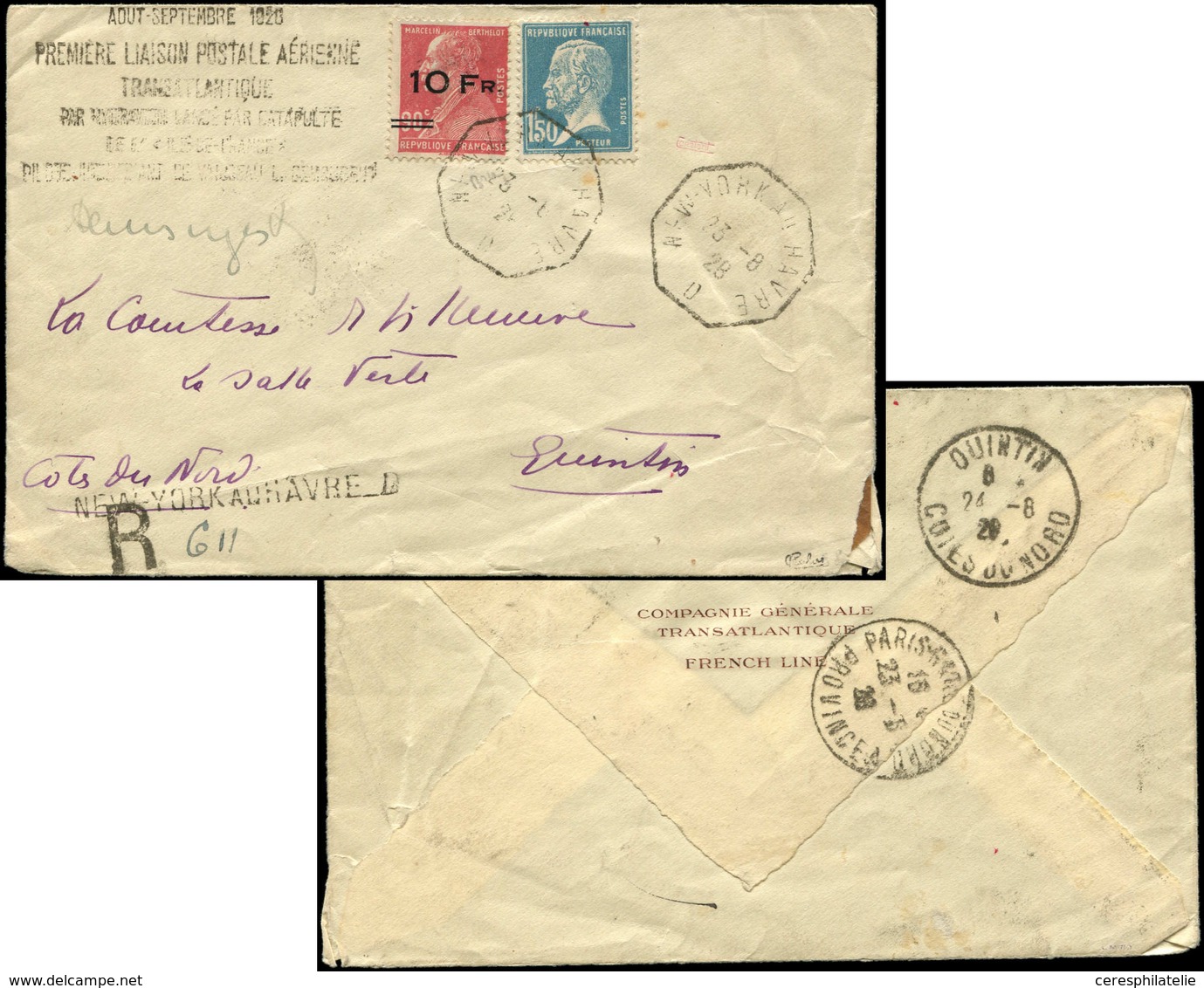 Let POSTE AERIENNE - 3   10Fr. Sur 90c. Rouge, Berthelot, "ILE De FRANCE" + Poste N°181 Obl. Càd Octog. NEW-YORK AU HAVR - 1927-1959 Neufs