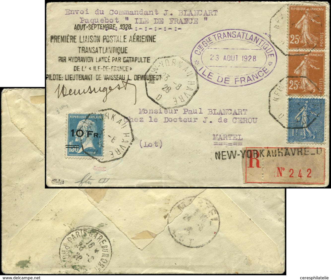 Let POSTE AERIENNE - 4   10Fr. Sur 1f.50 Bleu, Pasteur, "ILE DE FRANCE" + Poste N°205 Et 235 PAIRE, Obl. Càd Octog. NEW- - 1927-1959 Ungebraucht