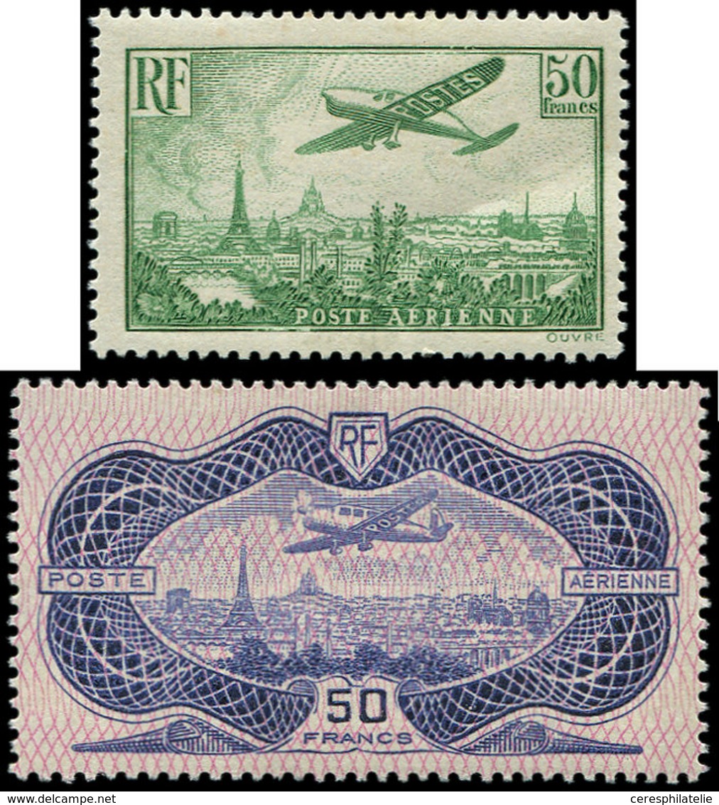 ** POSTE AERIENNE - 14/15 50f. Vert-jaune Et 50f. Burelé, TB - 1927-1959 Ungebraucht