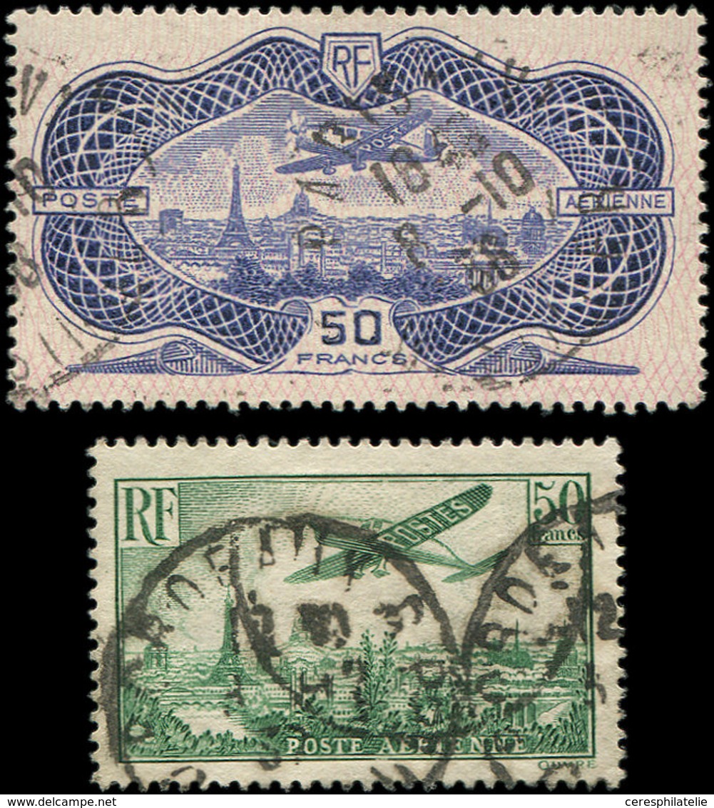 POSTE AERIENNE - 14/15 50f. Vert-jaune Et 50f. Burelé, Obl., TB - 1927-1959 Ungebraucht