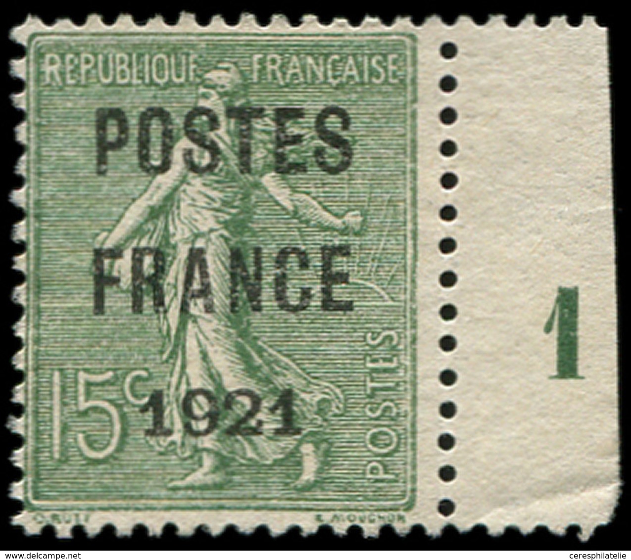 (*) PREOBLITERES - 34  15c. Vert-olive, POSTES FRANCE 1921, Bdf Mill.1 (partiel), TB, Certif. P. Scheller - 1893-1947
