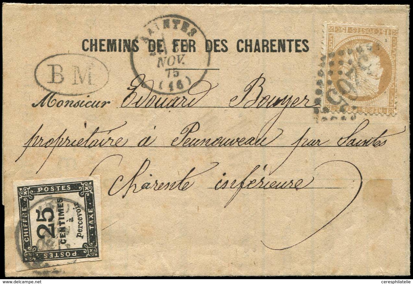 Let TAXE - 5A  25c. Noir, T II, Obl. Càd T16 NANTES 30/11/75 S. LAC Des Chemins De Fer Des Charentes Affr. N°55 Obl. GC  - 1859-1959 Lettres & Documents