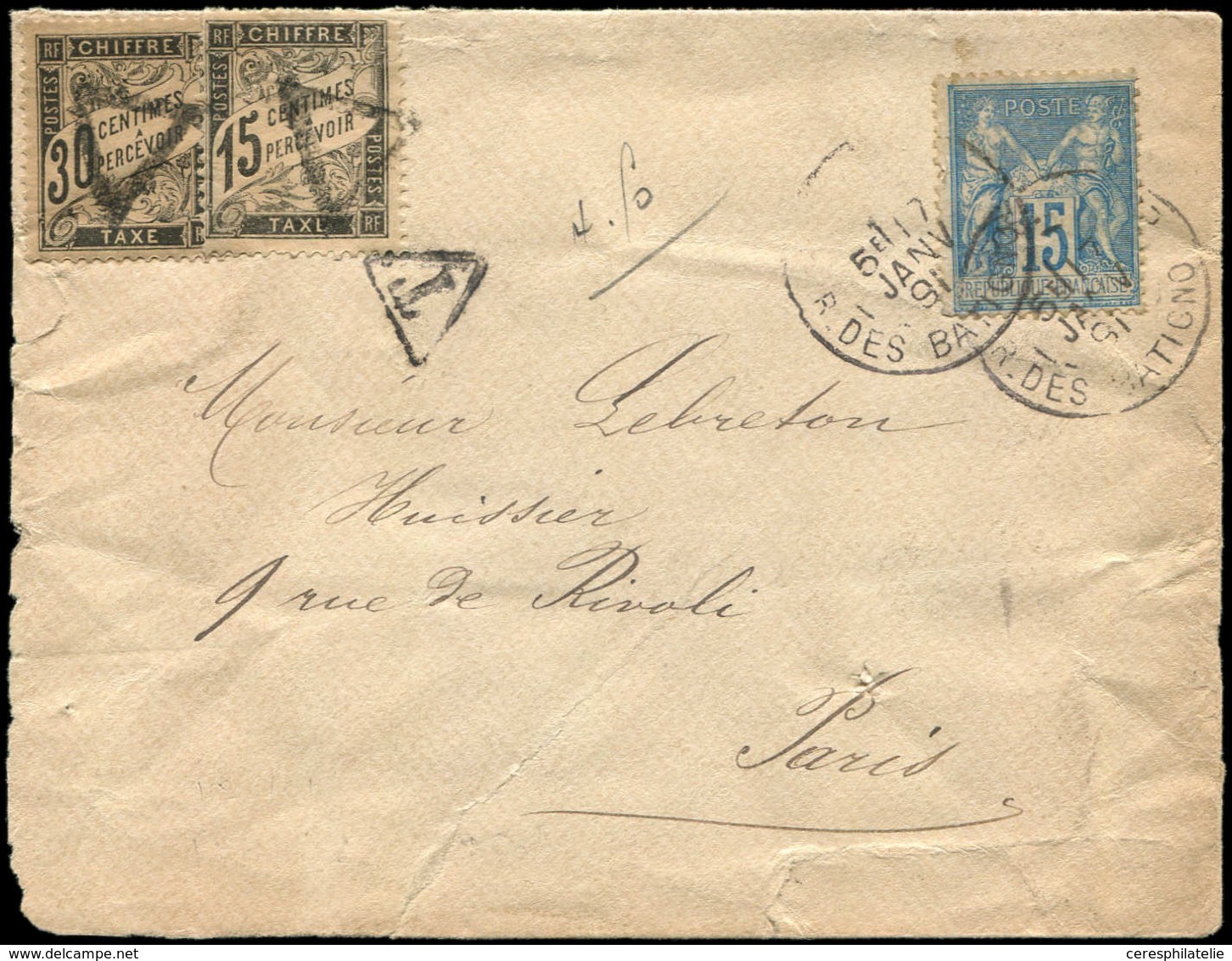 Let TAXE - 16 Et 18, 15c. Noir Et 30c. Noir, Obl. Triangle S. Env. Affie N°90 Obl. 17/1/91, TB - 1859-1959 Lettres & Documents