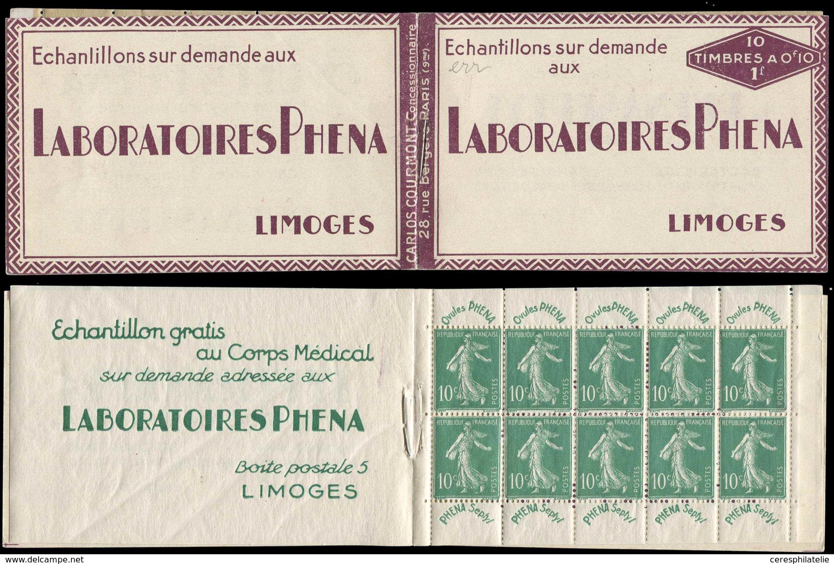 CARNETS (N°Cérès Jusqu'en1964) - 6    Semeuse Chiffres Maigres, 10c. Vert, N°188, PHENA, Timbres Bien Centrés, TB - Autres & Non Classés